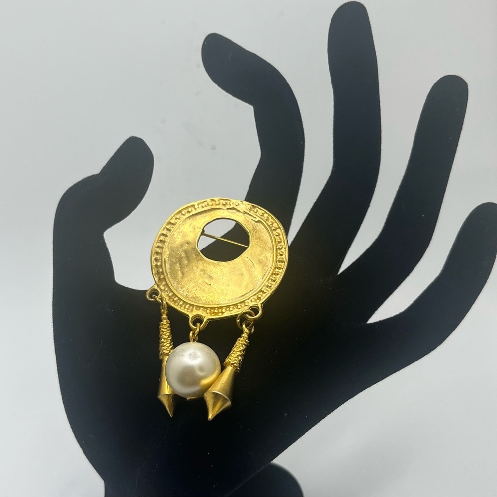 Vintage Gold Tone Pearl Dangle Brooch Mid Century Style